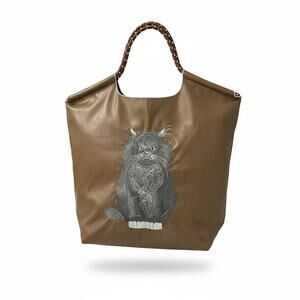 Tan Faux Leather Grumpy Cat Embroidered Tote Bag with Pocket Purse